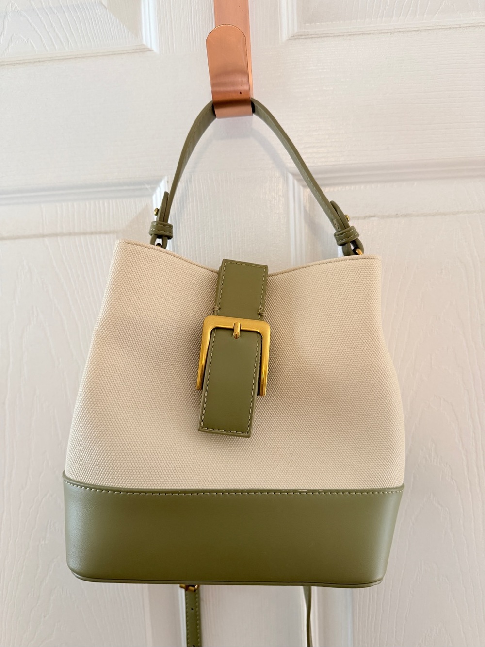 Rachel Zoe Olive & Cream Canvas Bucket Bag with Gold Buckle